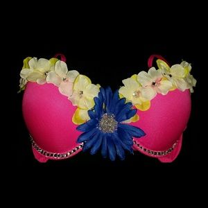 Floral Fuchsia Rave Bra 34B Halloween pink blue yellow rhinestone festival